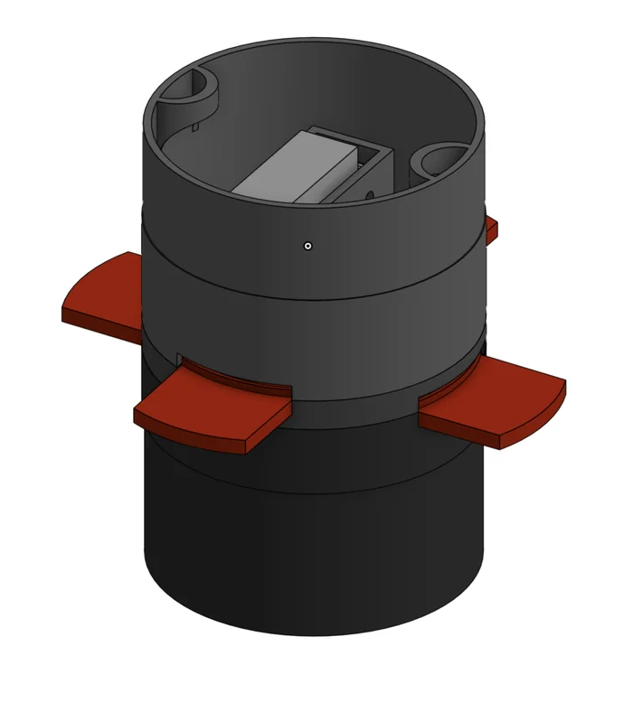 CAD render of the airbrake module: a cylindrical airframe section with four red flaps extended