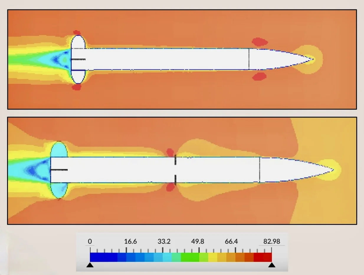 Two CFD flow plots of the rocket: the top without airbrake flaps, the bottom with the flaps extended