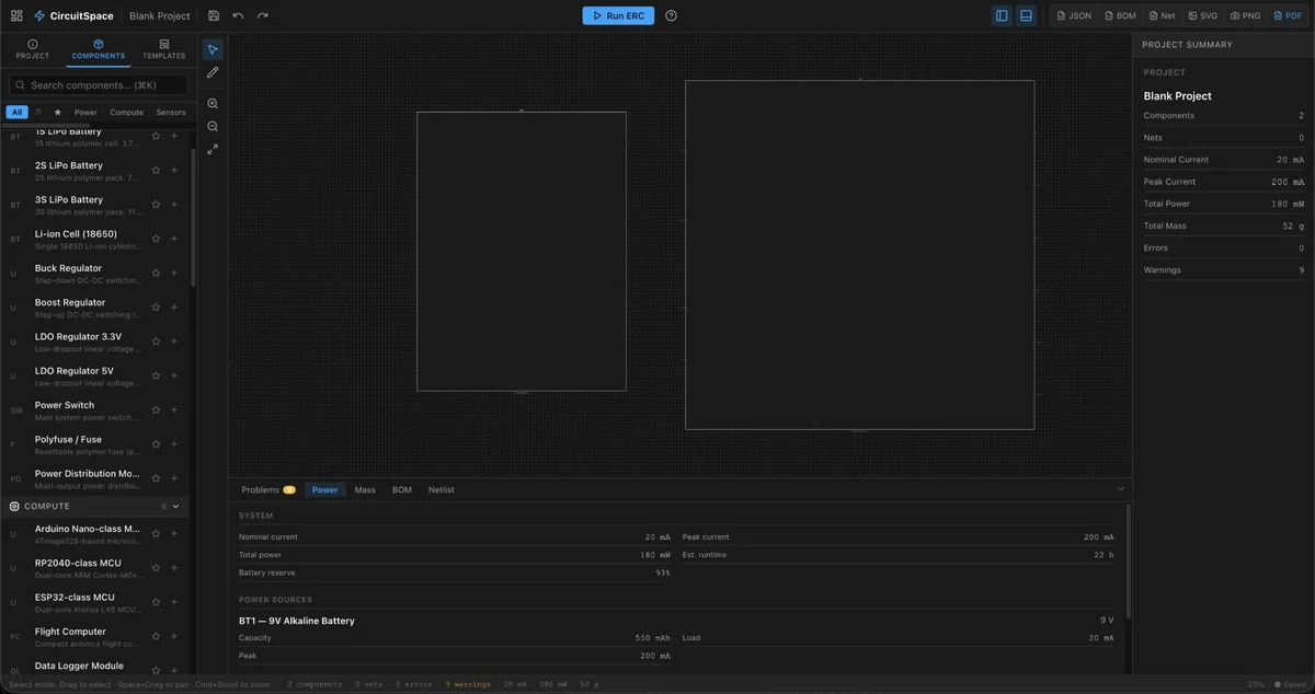 CircuitSpace screenshot: a component library of batteries, regulators, and microcontrollers on the left, a schematic canvas in the middle, and a power summary showing current draw, estimated runtime, and mass